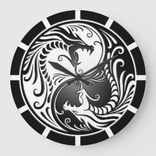 Relógio Grande Yin Yang Dragon, branco e preto