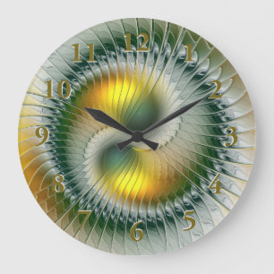 Relógio Grande Yin Yang Verde Amarelo Fractal Abstrato Colorido