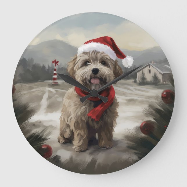 Relógio Grande Yorkipoo Cachorro na Neve Natal (Frente)