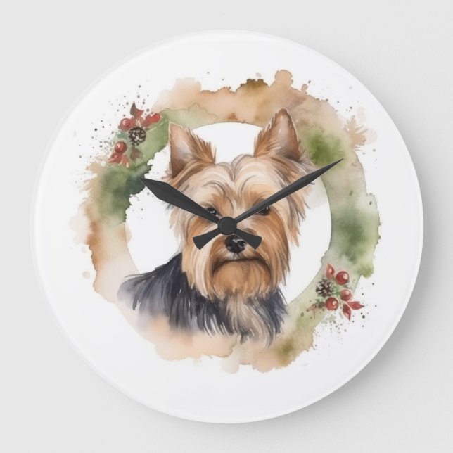 Relógio Grande Yorkshire Terrier Christmas Wreath Festivo Pup (Frente)
