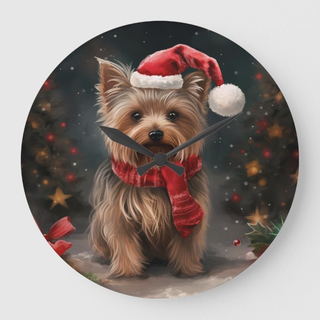Relógio Grande Yorkshire Terrier Dog no Natal da neve (Frente)