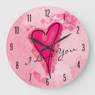 Relógio Grande YOUR TEXT Pink Watercolor Heart