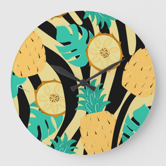 Relógio Grande Zebra, monstera, abacaxi: padrão de verão. (Frente)