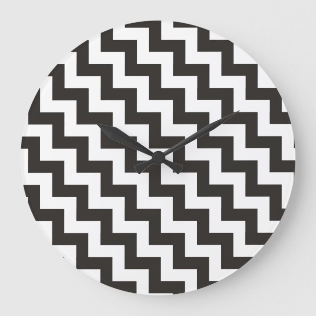 Relógio Grande Zigzags Round Wall Clock, Black and White Chevrons (Frente)