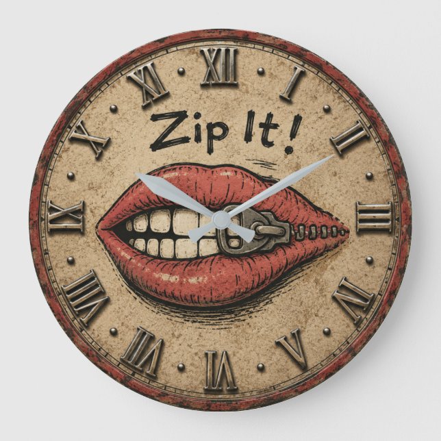 Relógio Grande Zip It! Funny Vintage Zipper Lips  (Frente)
