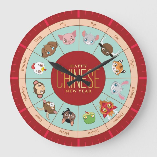 Relógio Grande Zodiac chinês com caracteres bonitos Wall Clock (Frente)
