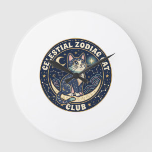 Relógio Grande Zodíaco Celestial Gato Fofo Camiseta Design - Cel