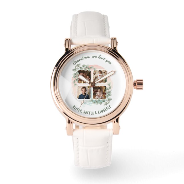 Relógio Grandma we love you 6 Photo Collage Eucalyptus (Frente)