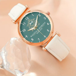 Relógio Green Floral Monogram Wedding Personalized Couple