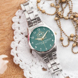 Relógio Green Floral Monogram Wedding Personalized Couple