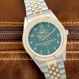 Relógio Green Floral Monogram Wedding Personalized Couple