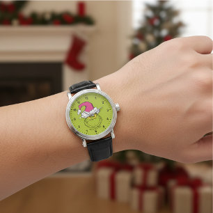 Relógio Grinch com Chapéu de Papai Noel Rosa