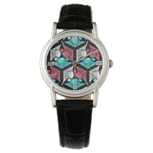 Relógio gruas japonesas, coral, turquesa e preto