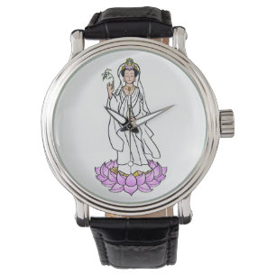 Relógio Guan Yin Bodhisattva sobre a Lotus Flower Watch