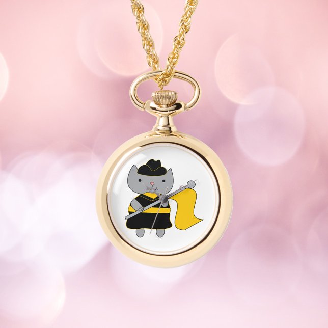 Relógio Guarda de Cores Cinza Gato Preto e Amarelo (A watch necklace featuring a cat in a black and yellow color guard uniform.)