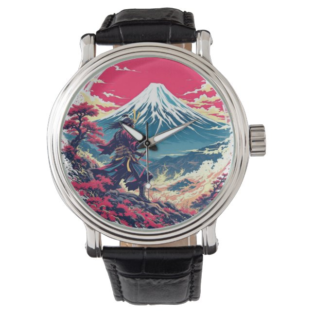 Relógio Guerreiro Samurai no Monte Fuji Arte Japonesa  (Frente)