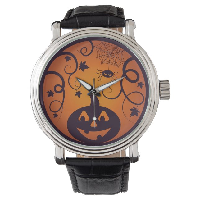 Relógio Halloween Jack ou lanterna abóbora face e aranha (Frente)