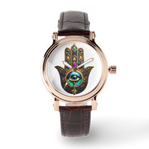 Relógio Hamsa Dourado Marrom Colorido Olho Terceiro Arco-í