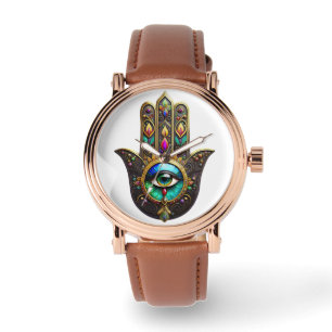 Relógio Hamsa Marrom Colorido Terceiro Olho Arco-íris Dour