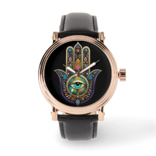 Relógio Hamsa Preto Colorido com Terceiro Olho Turquesa