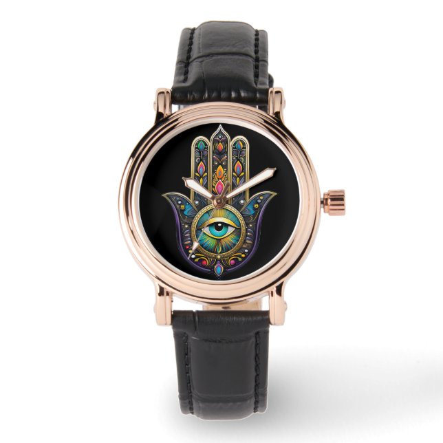 Relógio Hamsa Preto Colorido com Terceiro Olho Turquesa (Frente)