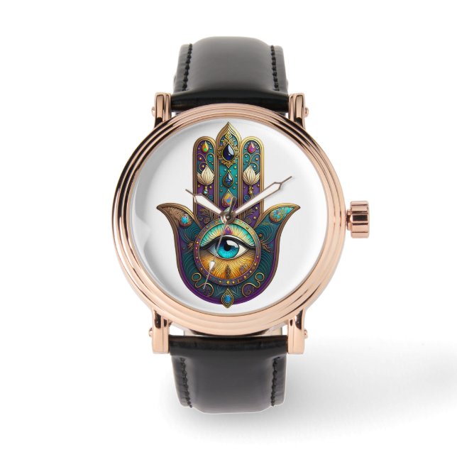Relógio Hamsa Violeta Dourado Turquesa com Terceiro Olho T (Frente)