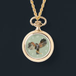 Relógio Hawk Flapping Wings Watercolor Painting<br><div class="desc">Pintura manual de aquarela do Hawk de Harris. Também conhecido como falcão de asa de baía ou falcão de asas. Está empoleirado na borda da árvore abrindo suas asas. Isto foi pintado em arcos com papel prensado a quente.</div>