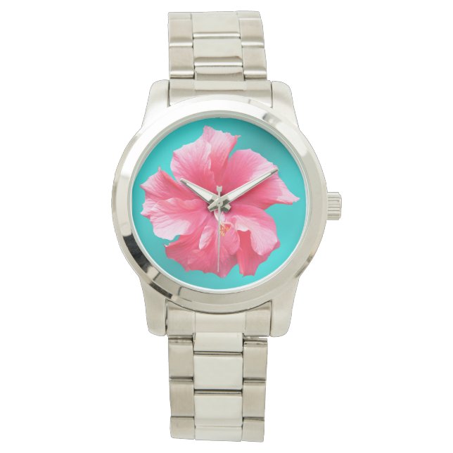 Relógio Hibisco Rosa Tropical Azul Turquesa (Frente)