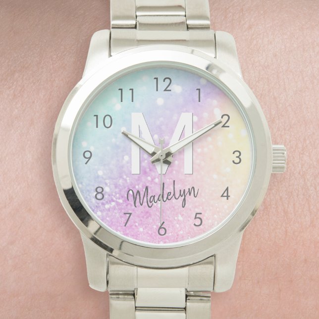 Relógio Hológrafo Glamoroso e Bonito Monograma (Nothing says glam like this stunning watch that features a holographic glitter effect and your name.)