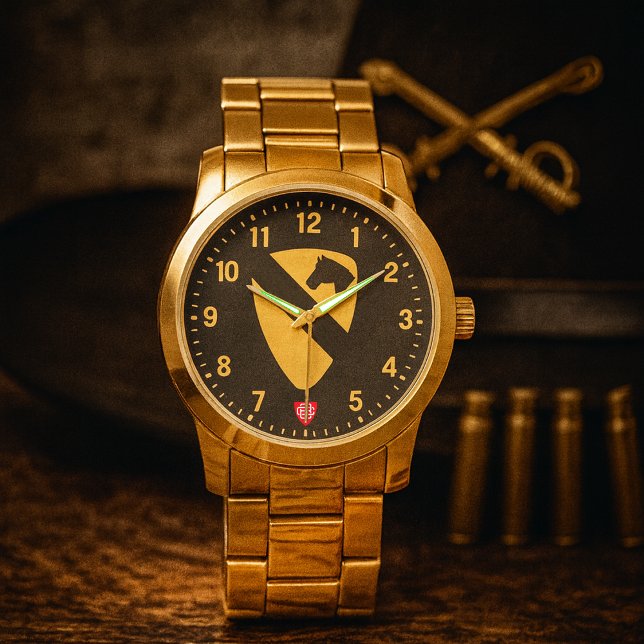 Relógio Homenagem à 1ª Divisão de Cavalaria em Ouro (1st Cavalry Division Tribute Gold Stainless Steel Wristwatch )