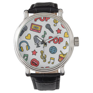 Relógio ícones de doodle de música pop padrão contínuo	