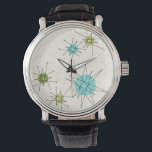 Relógio Iconic Atomic Starbursts Leather Watch<br><div class="desc">Este padrão Iconic Atomic Starbursts Leather Watch apresenta explosões atômicas icônicas. Isso mesmo! A antiga escola, um fundo colorido creme com manchas de ouro é o pano de fundo perfeito para a vibrante tartaruga, aipo de salga, e círculos verdes cor de pera de cozinha. As manchas de cor são colocadas...</div>