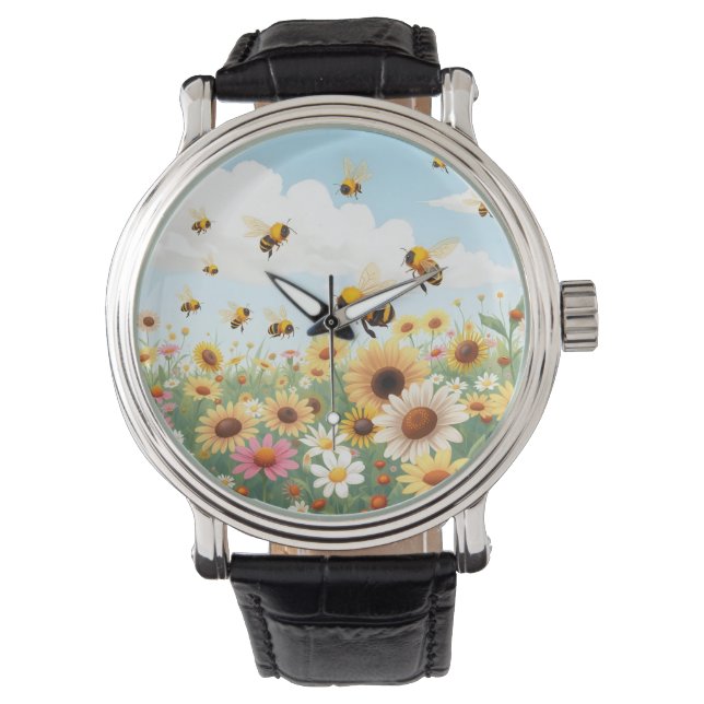 Relógio Ilustração de abelhas e flores fofas (Frente)