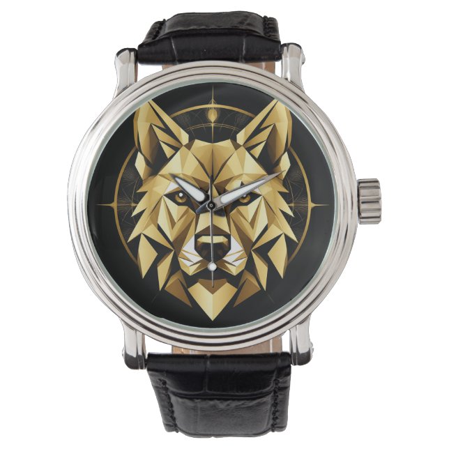 Relógio Ilustração Geométrica do Lobo Dourado (Frente)