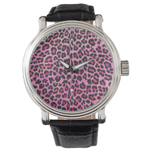Relógio Impressão de Leopardo Preto e Rosa Quente