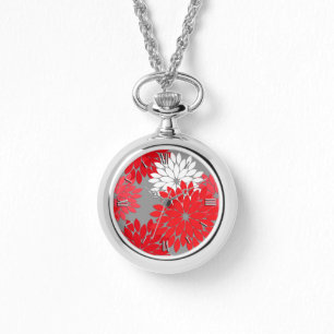Relógio Impressão floral moderno do quimono, vermelho e