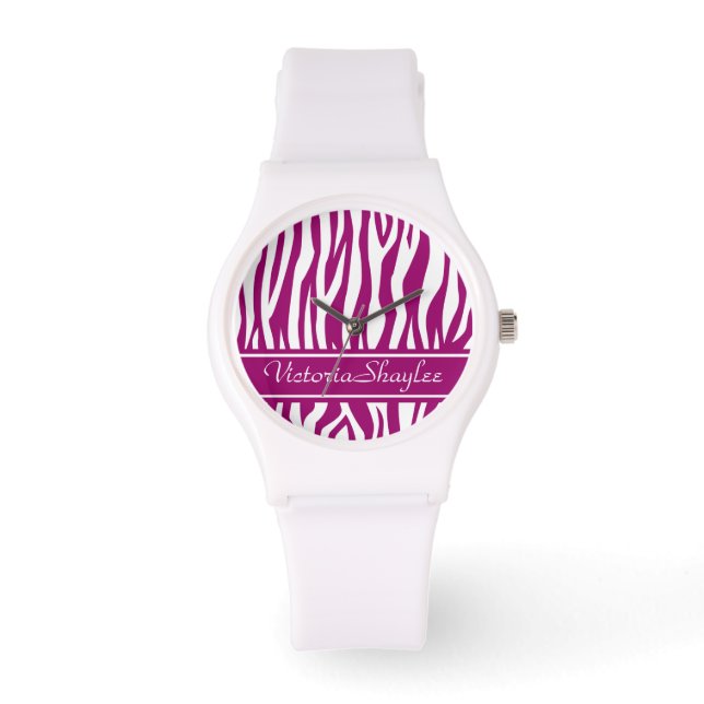 Relógio Impressão Magenta Zebra com texto personalizado (Frente)