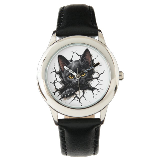 Relógio infantil com gato preto fofo e ilustração  (Frente)