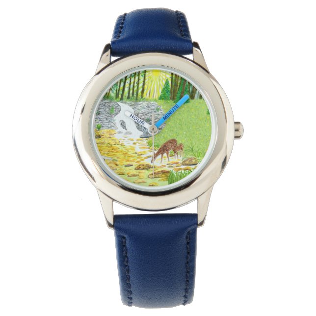 Relógio infantil de aço inoxidável azul Doe e Fawn (Frente)