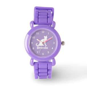 Relógio infantil roxo com design de gato fofo