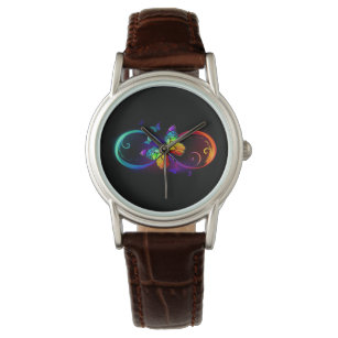 Relógio Infinidade vibrante com borboleta arco-íris a pret