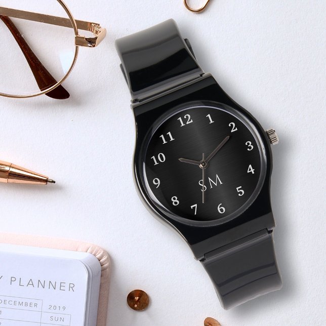 Relógio Iniciais de metal escovado preto e branco monogram (Criador carregado)