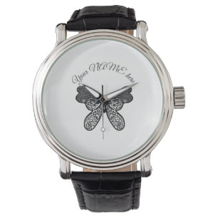 Relógio Intrincado Mandala Boho Borboleta Preto e Branco A