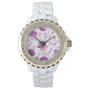 Relógio Jacobean Floral Lg Pattern Pinks em Branco