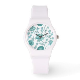 Relógio Jacobean Floral Lg Patterno Teals em Branco