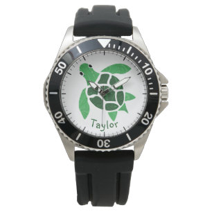 Relógio Jade Green Sea Turtle Mosaico com Nome