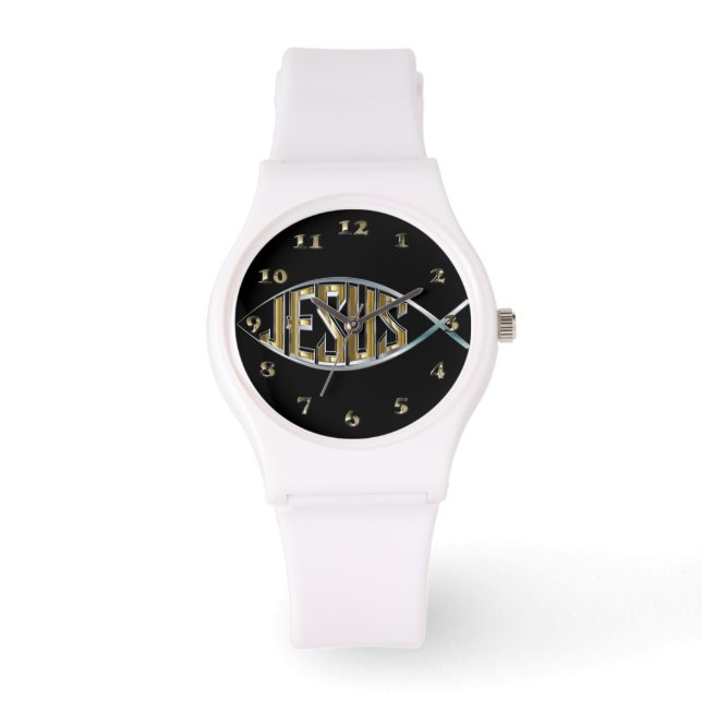 Relógio Jesus dentro de um símbolo de peixe (Frente)