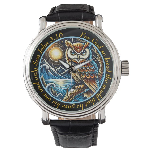 Relógio John 3:16 Majestic Owl Timepiece Nature Faith (Frente)