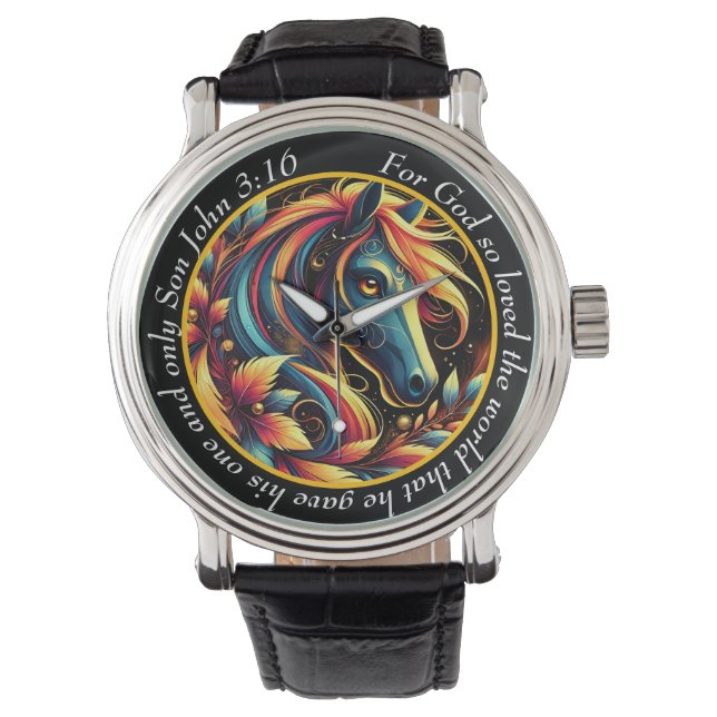 Relógio John 3:16 Vibrant Horse Timepiece Nature Faith (Frente)