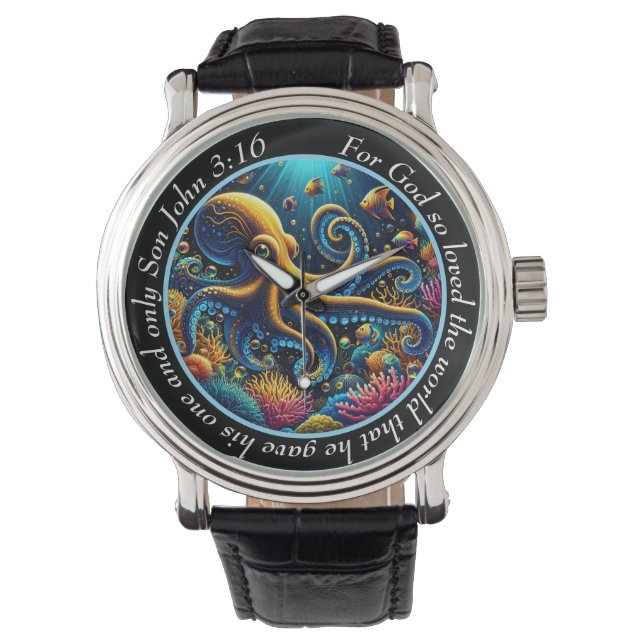 Relógio John 3:16 Vibrant Octopus Timepiece Ocean Faith (Frente)